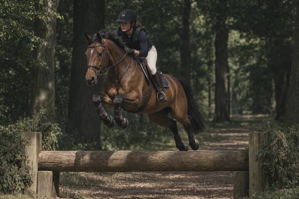 Ruiter en bruin paard in de sprong over een boomstam op een bospad