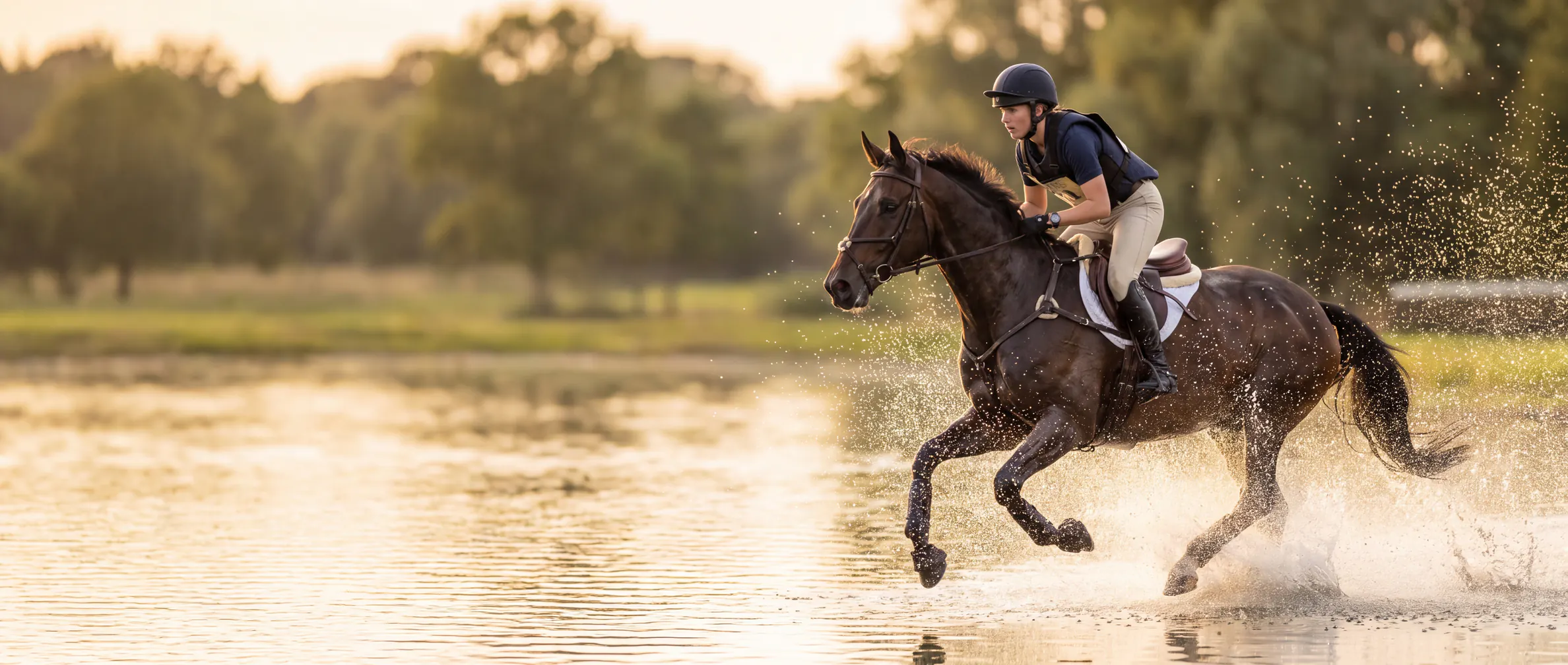 Ruiter en sportpaard in galop door het water van een crosscountryparcours